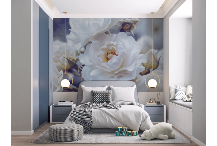 Фотообои «Розы, белые цветы» в интерьере