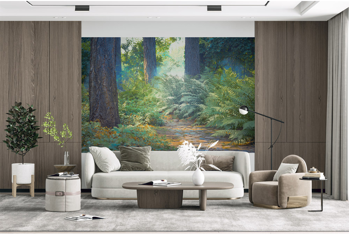 Фотообои «Тропинка через папоротник в лесу» в интерьере