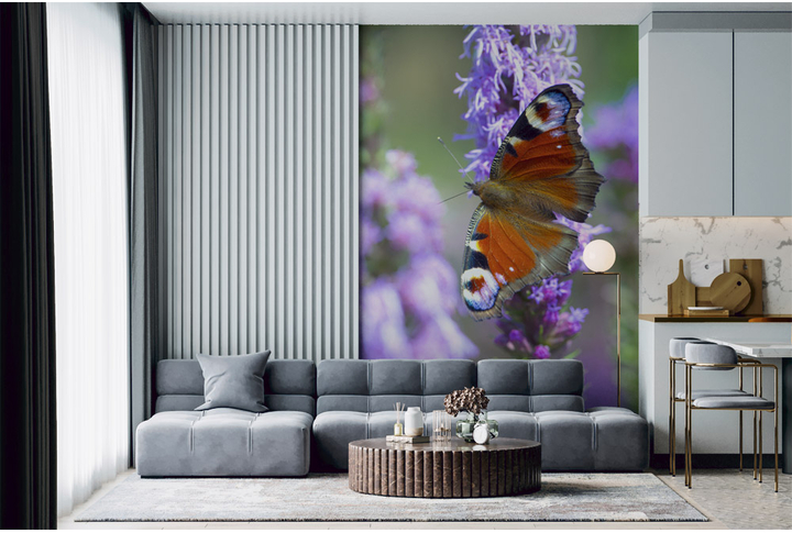 Фотообои «Бабочка на розовом цветке» в интерьере