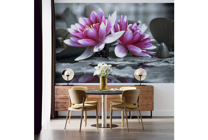 Фотообои «Цветы лотоса в черно-белых тонах» в интерьере