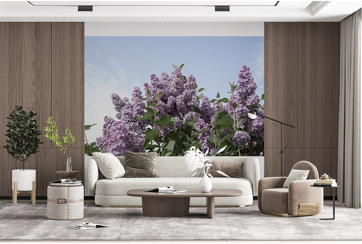 Фотообои «Веточки сирени на фоне неба» в интерьере