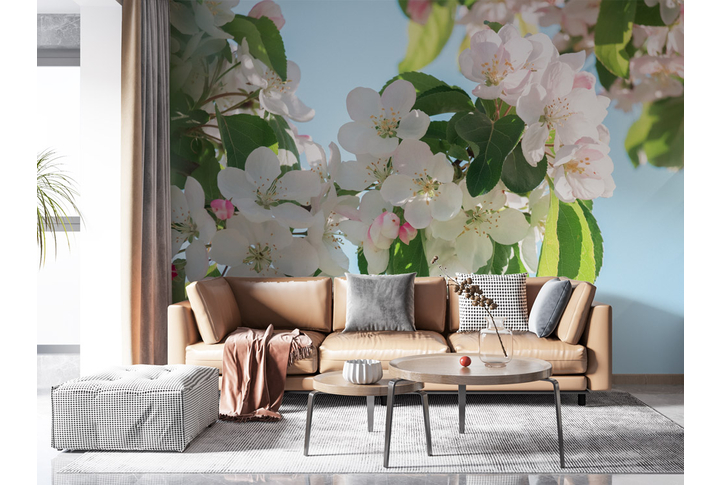 Фотообои «Ветка яблони в цвету» в интерьере