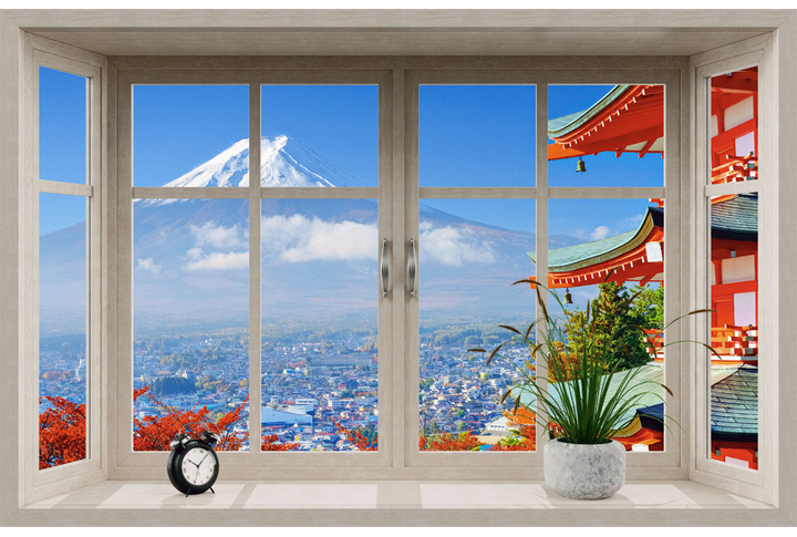 Фотообои «Вид из окна на храм и гору Фудзияма»