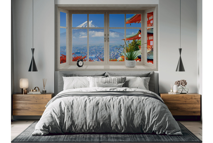 Фотообои «Вид из окна на храм и гору Фудзияма» в интерьере