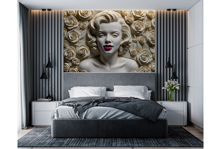 Фотообои «Мэрилин Монро и розы под лепнину» в интерьере