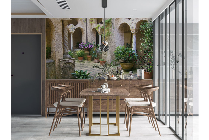 Фотообои «Старый дворик с арками и колоннами» в интерьере