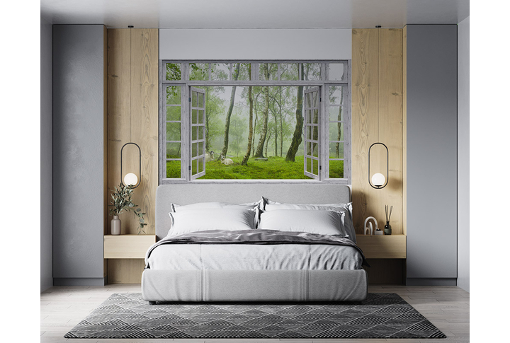 Фотообои «Открытое окно на туманный лес» в интерьере