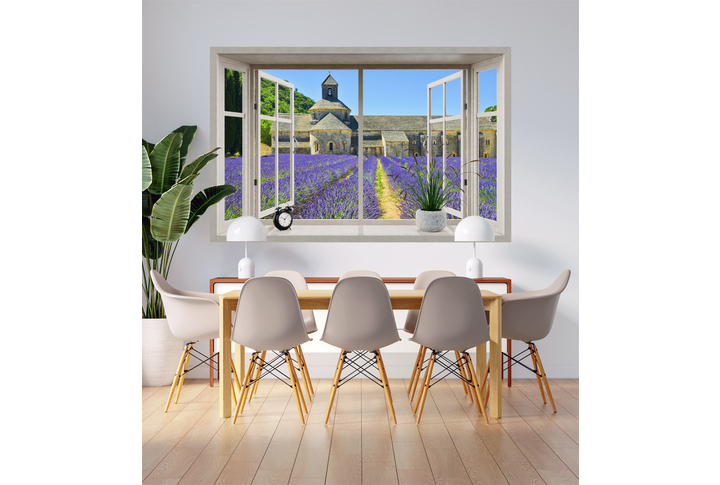 Фотообои «Открытое окно с видом на лавандовое поле» в интерьере