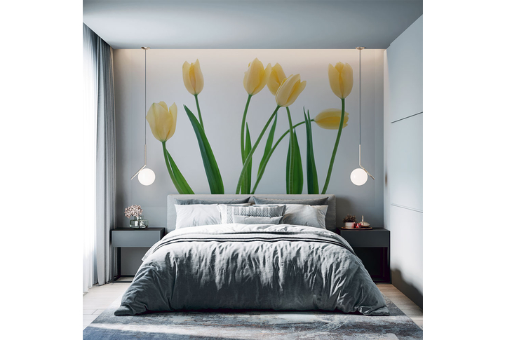 Фотообои «Желтые тюльпаны на белом фоне» в интерьере
