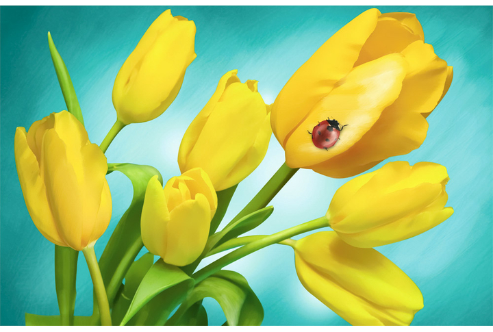 Фотообои «Желтые тюльпаны и божья коровка»