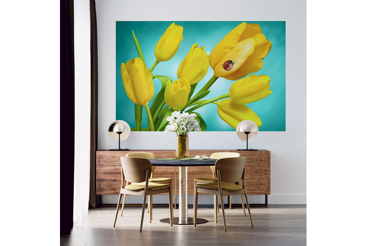 Фотообои «Желтые тюльпаны и божья коровка» в интерьере