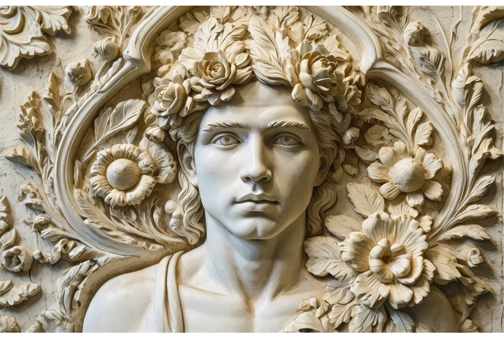 Фотообои «Античный барельеф с мужчиной в цветах»