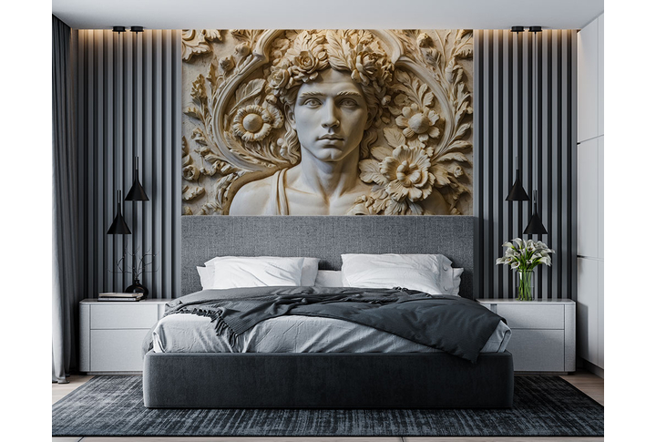 Фотообои «Античный барельеф с мужчиной в цветах» в интерьере