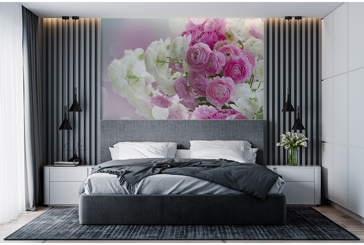 Фотообои «Белые и розовые пионы в букете» в интерьере