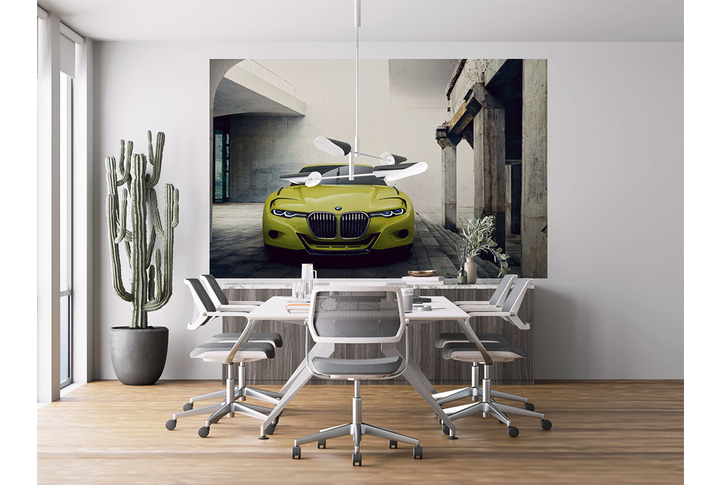 Фотообои «Желтый автомобиль в гараже» в интерьере