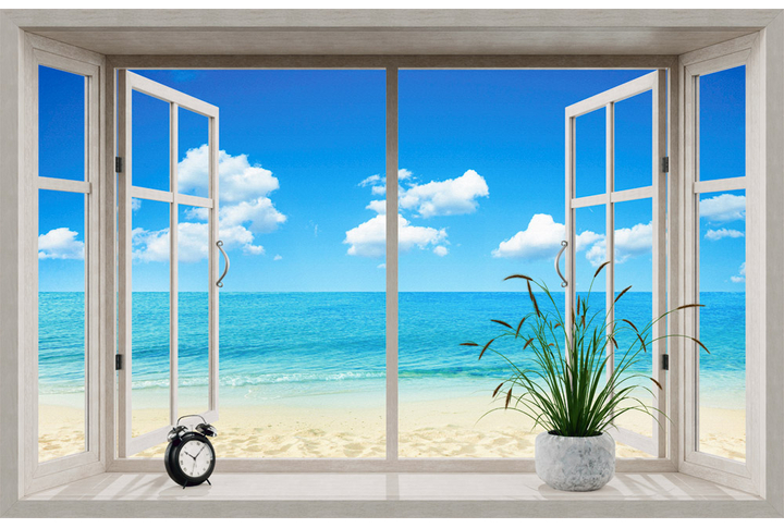 Фотообои «Открытое окно с видом на морской пляж»