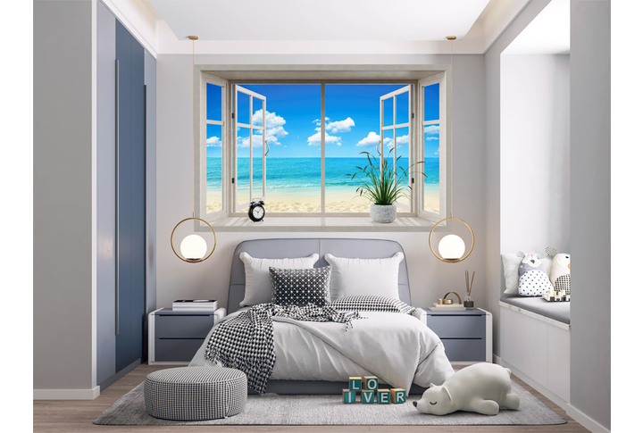 Фотообои «Открытое окно с видом на морской пляж» в интерьере