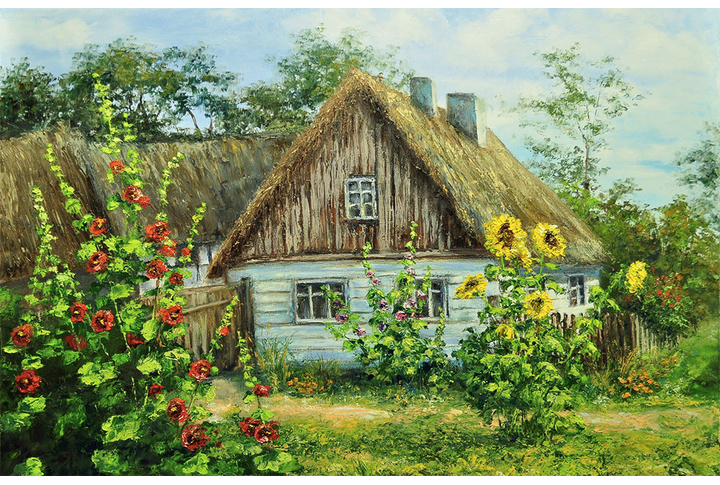 Фотообои «Деревенский пейзаж, подсолнухи в саду»