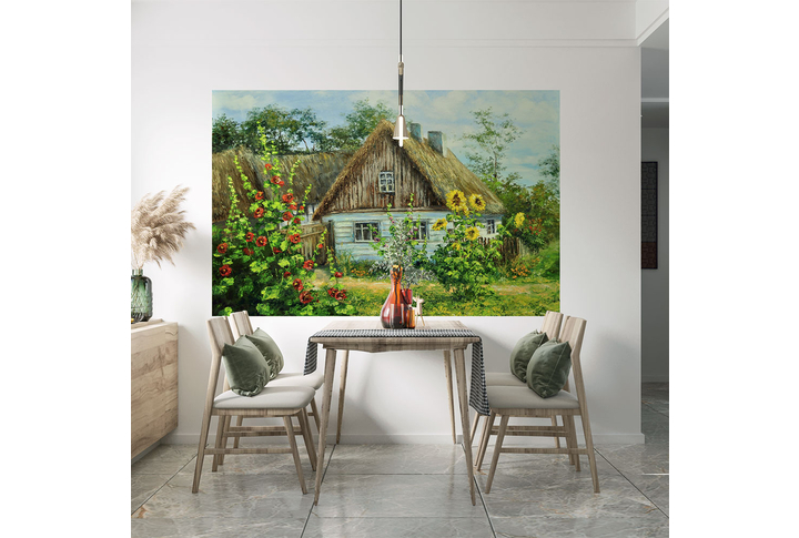 Фотообои «Деревенский пейзаж, подсолнухи в саду» в интерьере