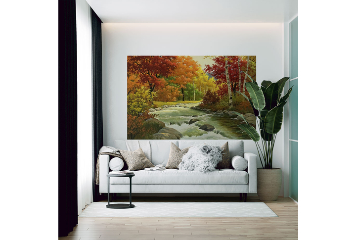 Фотообои «Осенний лес, берёзы у реки» в интерьере