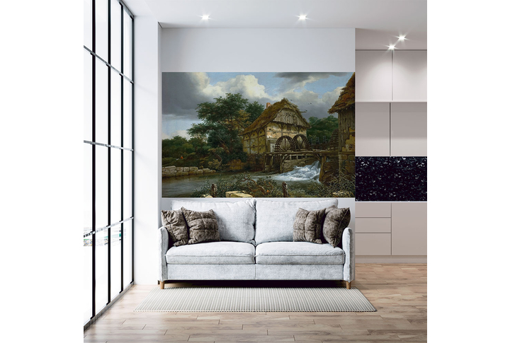 Фотообои «Картина старая мельница у реки» в интерьере