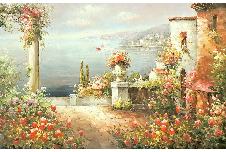 Фотообои «Солнечная терраса у моря, колонны в цветах»