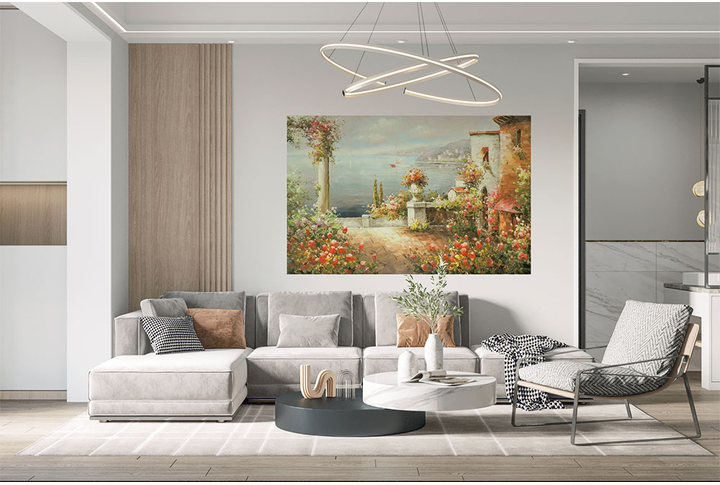 Фотообои «Солнечная терраса у моря, колонны в цветах» в интерьере