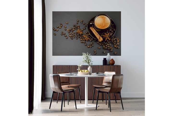 Фотообои «Чашка с кофе, кофейная тема для кухни» в интерьере