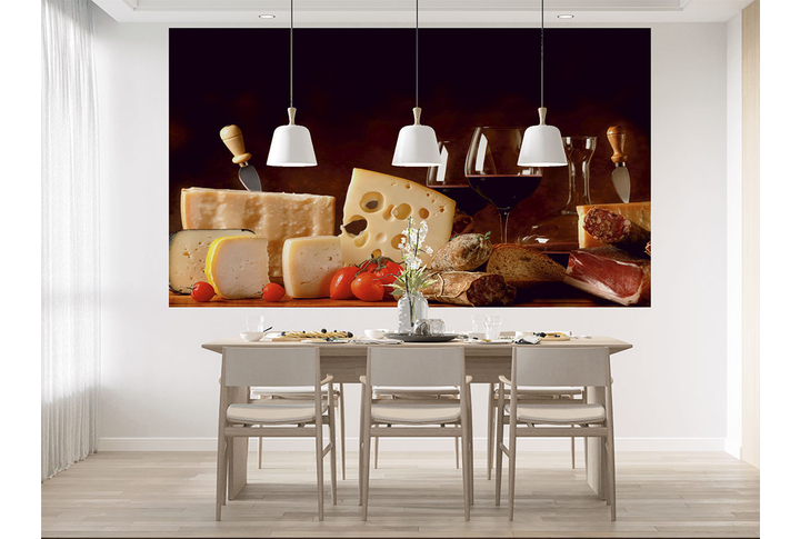 Фотообои «Натюрморт с вином и сыром для кухни» в интерьере