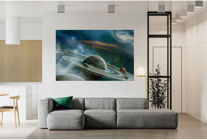 Фотообои «Планеты с кольцами, галактика в космосе» в интерьере