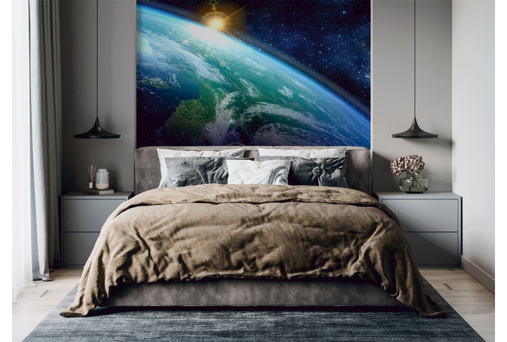 Фотообои «Земля и восходящее Солнце, космос» в интерьере