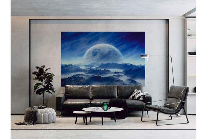 Фотообои «Космический пейзаж в холодных тонах» в интерьере