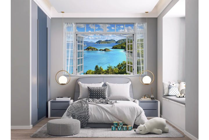 Фотообои «Распахнутое окно с видом на море» в интерьере