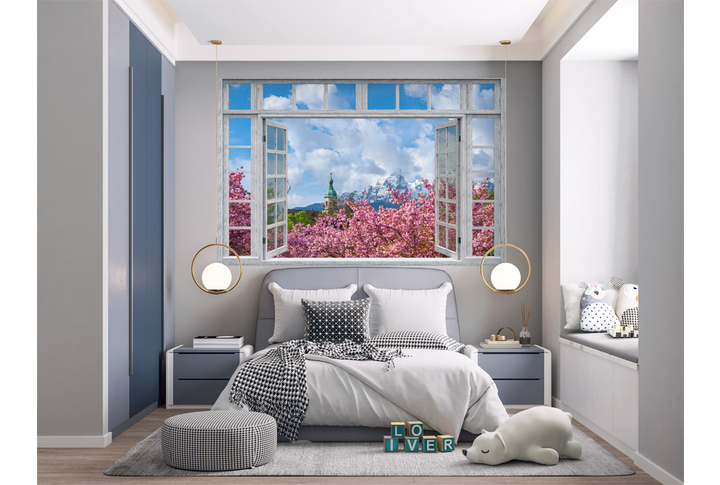 Фотообои «Вид из открытого окна на морской пляж» в интерьере