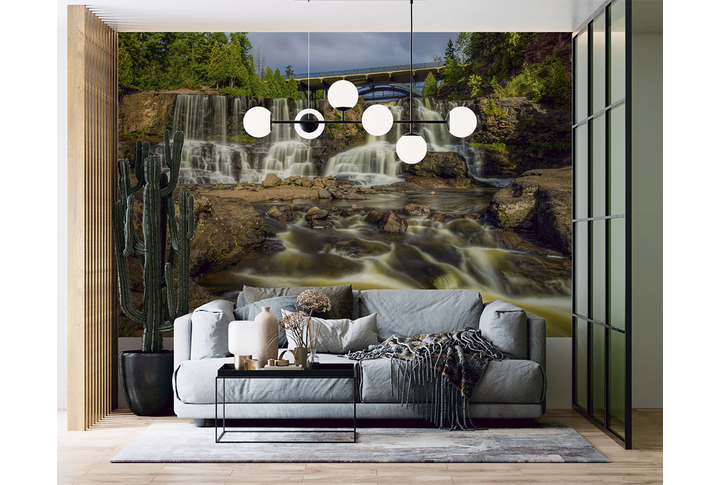 Фотообои «Водопад под мостом, река на камнях» в интерьере