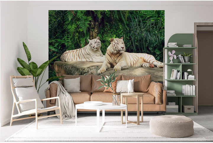 Фотообои «Белые тигры в джунглях» в интерьере