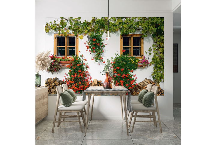 Фотообои «Деревенский дом в цветах» в интерьере