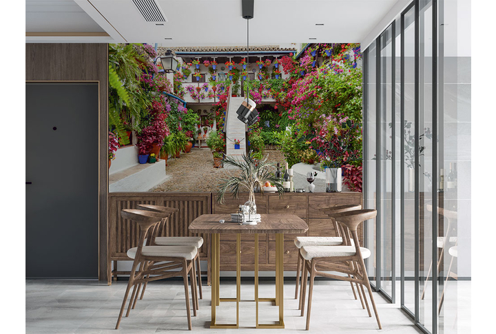 Фотообои «Зеленый дворик, красивая улица в старом городе» в интерьере