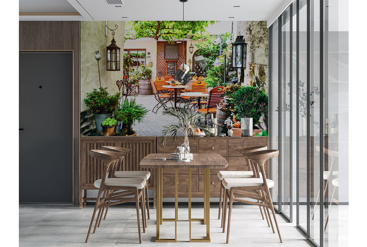 Фотообои «Кафе на улице во дворе старого городка» в интерьере