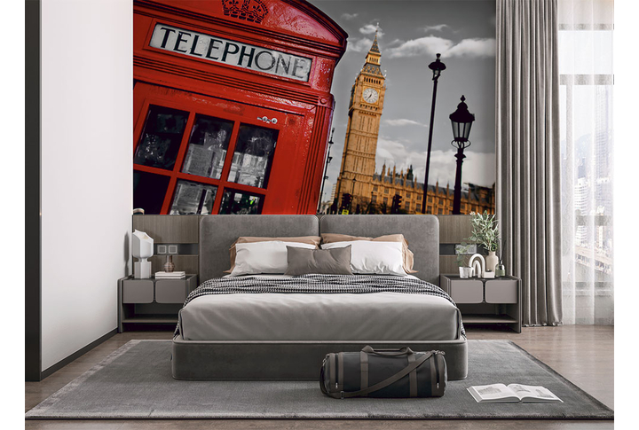 Фотообои «Телефонная будка на фоне Биг-Бена, черно-белый Лондон» в интерьере