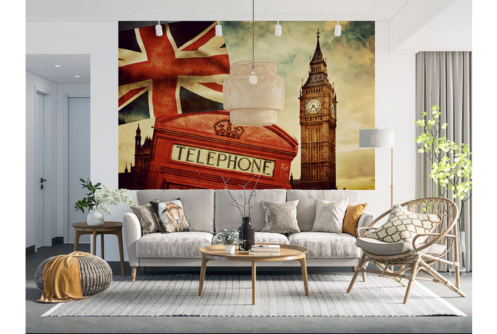 Фотообои «Достопримечательности Лондона и английский флаг в винтажном стиле» в интерьере