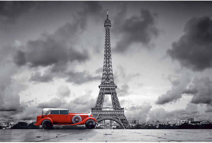 Фотообои «Ретро машина у Эйфелевой башни, черно-белый Париж»