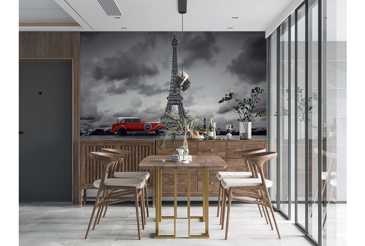Фотообои «Ретро машина у Эйфелевой башни, черно-белый Париж» в интерьере