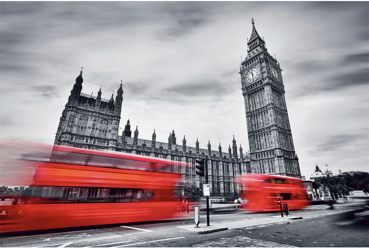 Фотообои «Лондон черно-белый и красный автобус»