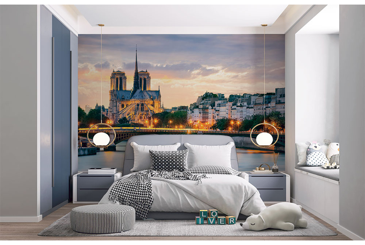 Фотообои «Вид на мост и Собор Парижской Богоматери, вечерний Париж» в интерьере