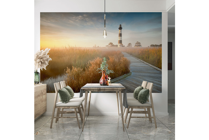 Фотообои «Дорожка к маяку, туманный осенний пейзаж природы» в интерьере