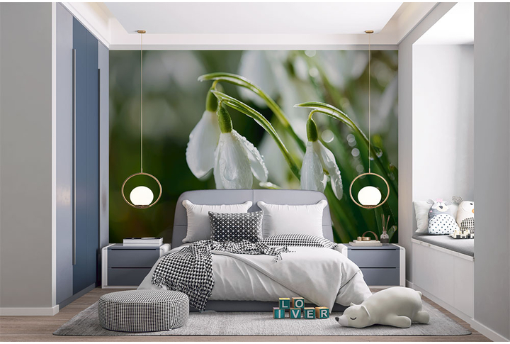 Фотообои «Нежные подснежники после дождя» в интерьере