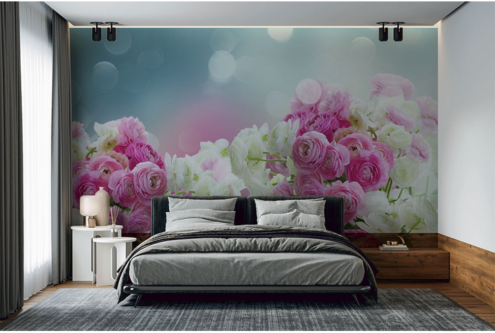 Фотообои «Розовые и белые пионы (ранункулюс)» в интерьере