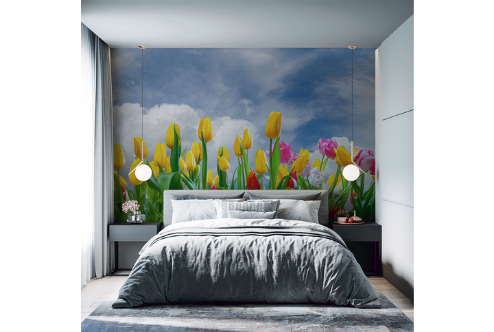 Фотообои «Тюльпаны на фоне неба и облаков» в интерьере