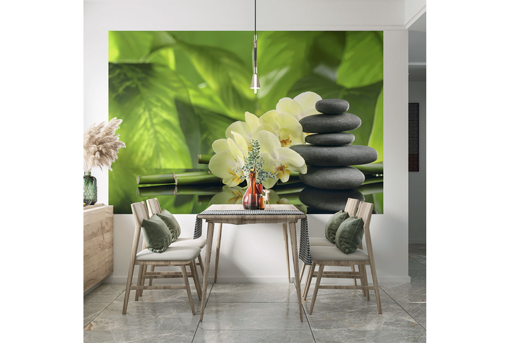 Фотообои «Желтые орхидеи на фоне тропических листьев» в интерьере